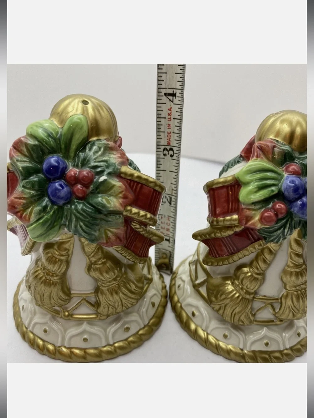 Vintage Fitz & Floyd Christmas Salt & Pepper Shakers - Hand-painted Bell Shape
